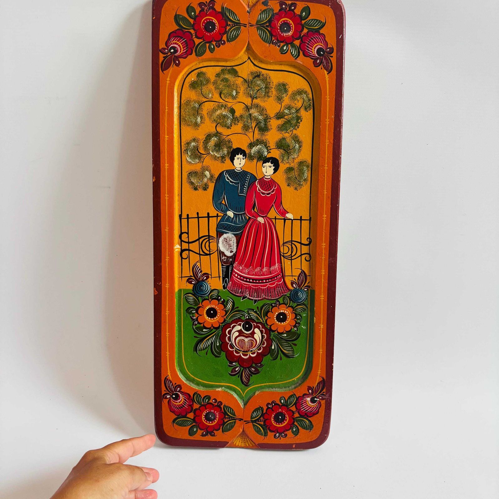 photo for sale 1960s Russian Folk Art Painting, Mid Century Naive Couple, Vibrant Colors