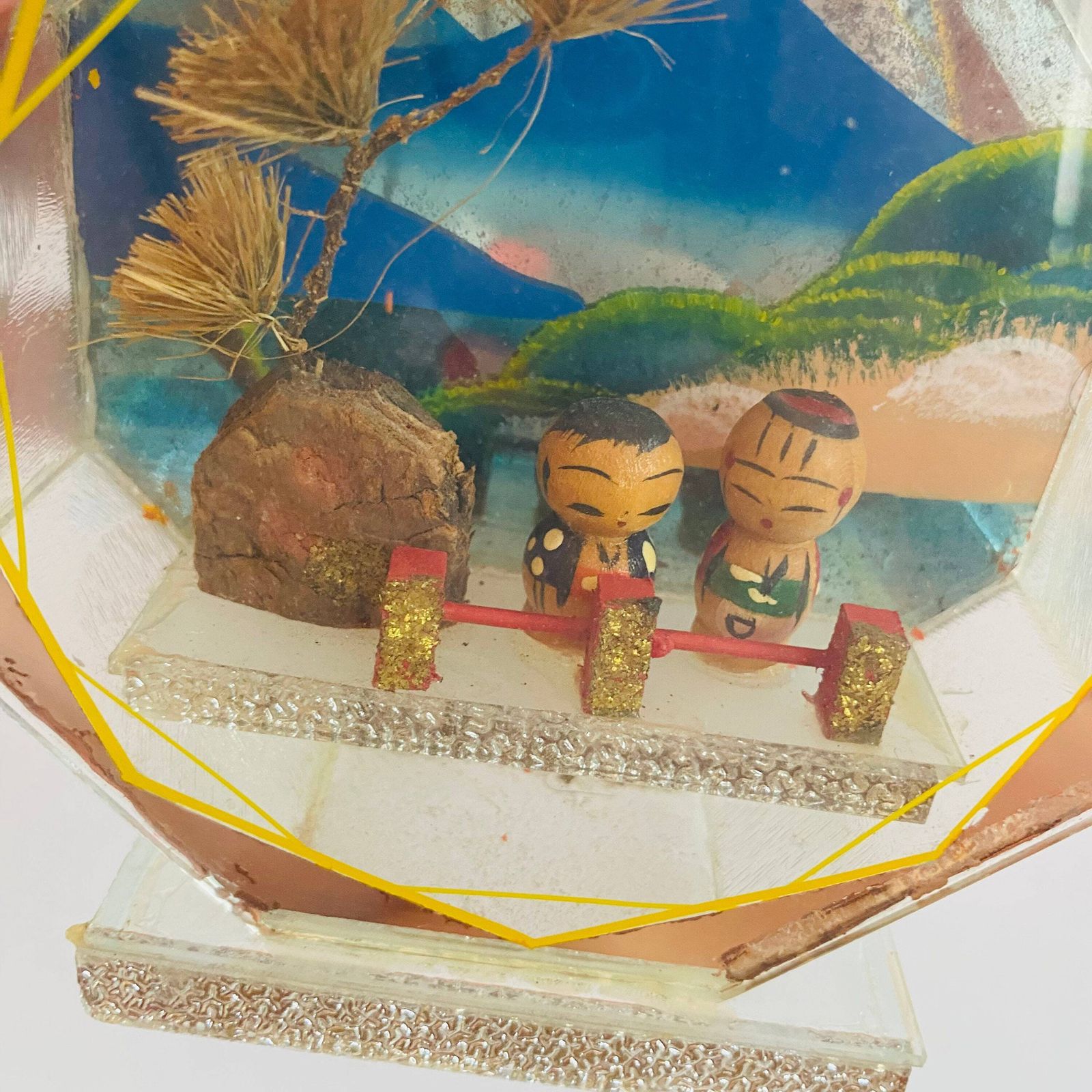 Antique Japanese Kokeshi Doll Diorama: Mirror Encased Folk Art photo Home Decor