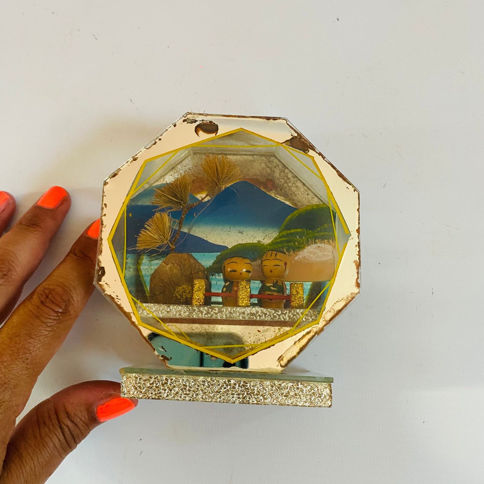 Antique Japanese Kokeshi Doll Diorama: Mirror Encased Folk Art photo vinterior