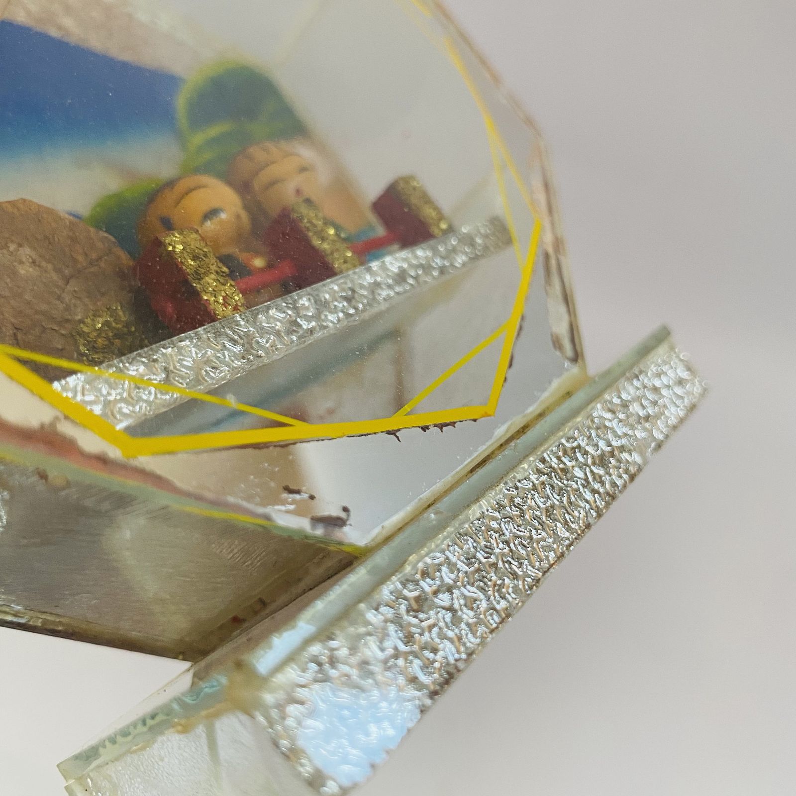 Antique Japanese Kokeshi Doll Diorama: Mirror Encased Folk Art photo buy