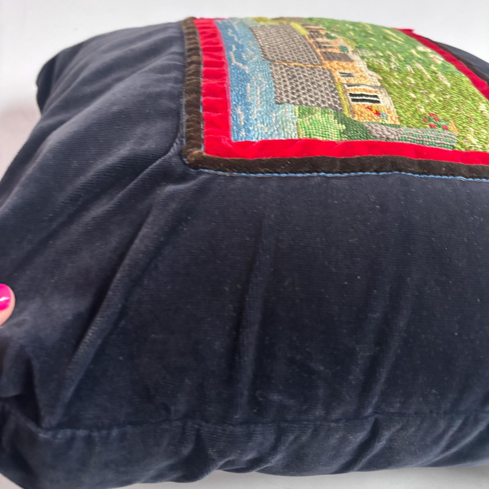 Handmade Folk Cushion Vintage Victorian 1920s Velvet And Tapestry Cottage Scene photo buy
