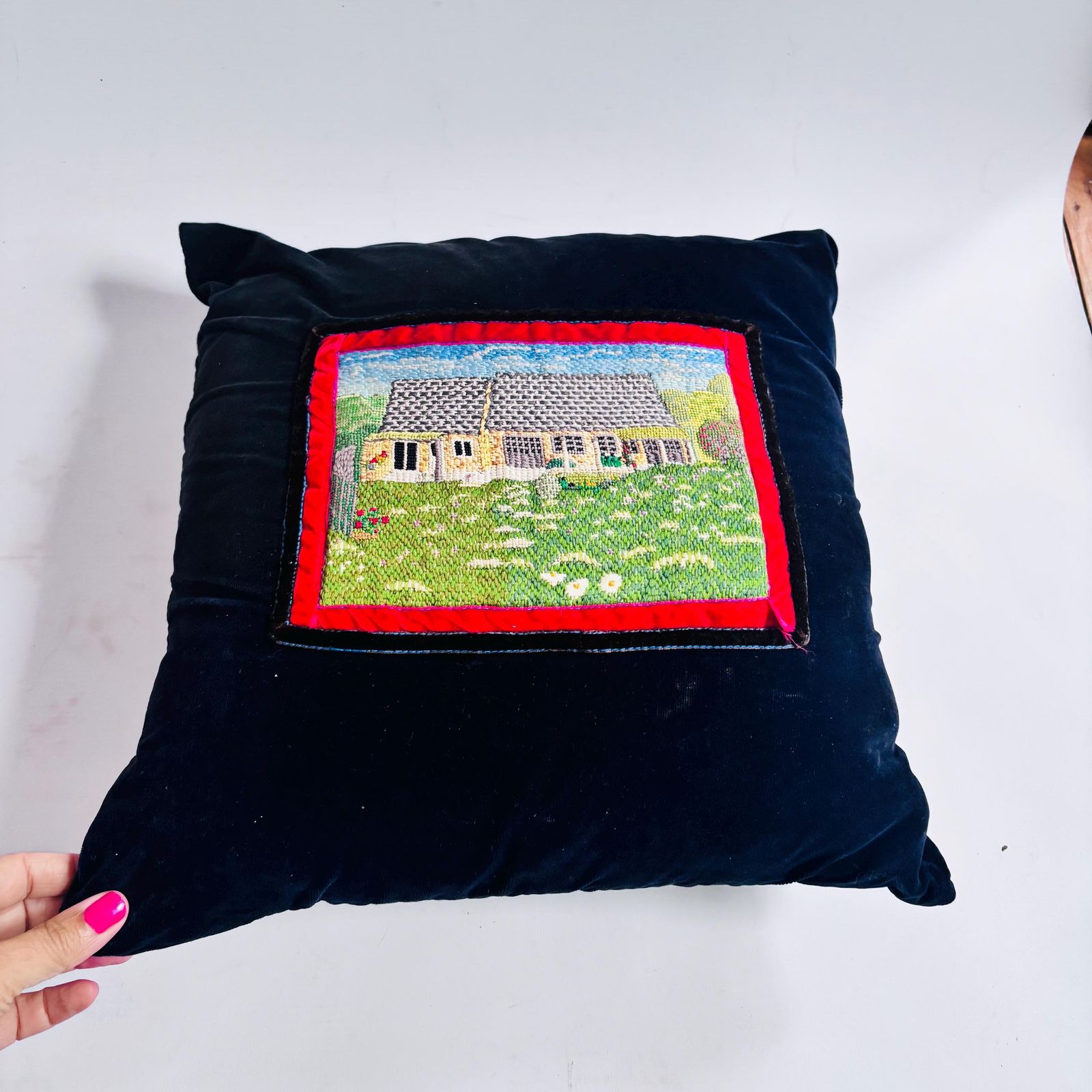 photo vinterior Handmade Folk Cushion Vintage Victorian 1920s Velvet And Tapestry Cottage Scene