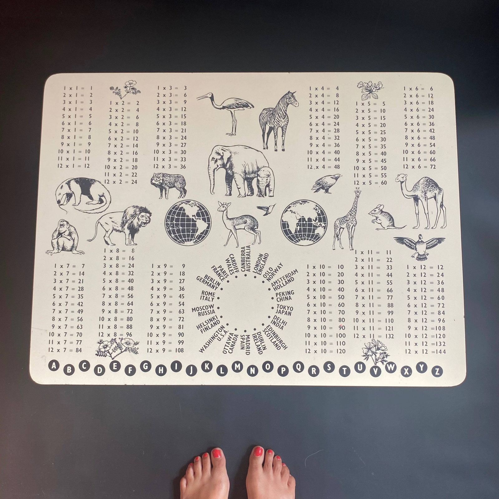 Rare 1960s Mid Century Coffee Table: Animals, Cities, Times Table Graphic photo furniture
