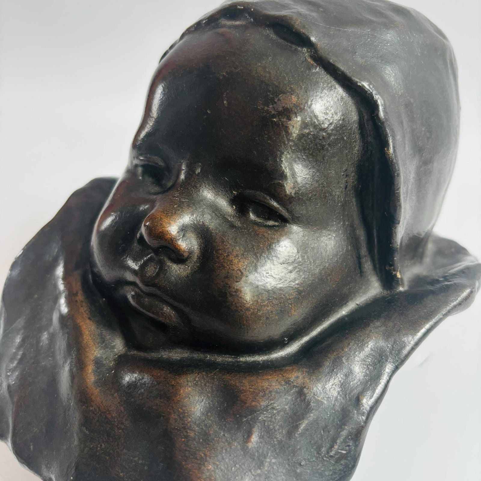 Rare Antique Plaster Sculpture: "Baby With A Collar" By Jean Carriès, C. Smith Foundry photo for sale