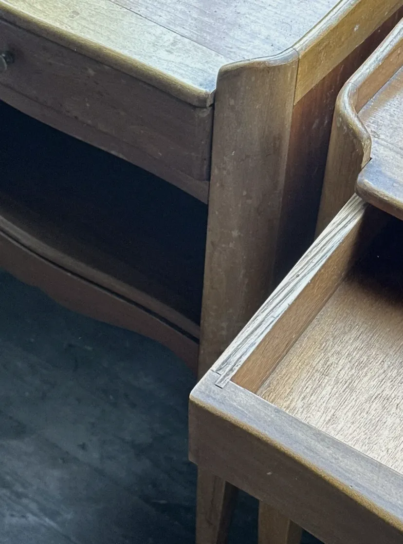 photo for sale Antique Pair Fruitwood French Serpentine Bedside Tables Nightstands, C 1900