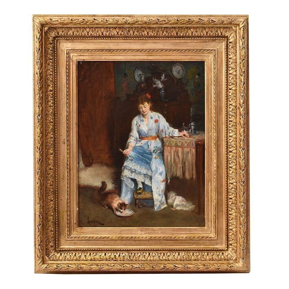 Antique Woman Portrait Painting And Cat, Interior Scene, Oil On Canvas, XIX Century.