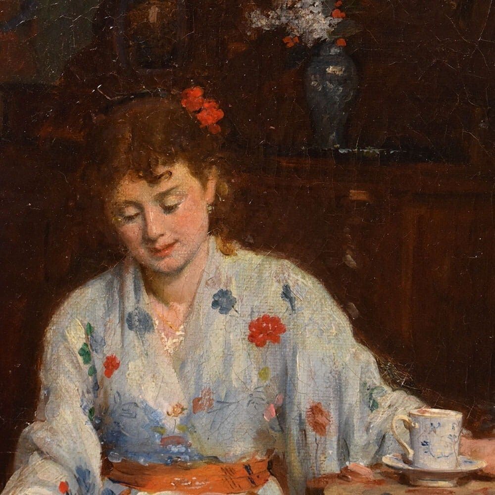 Antique Woman Portrait Painting And Cat, Interior Scene, Oil On Canvas, XIX Century. photo 2300.0