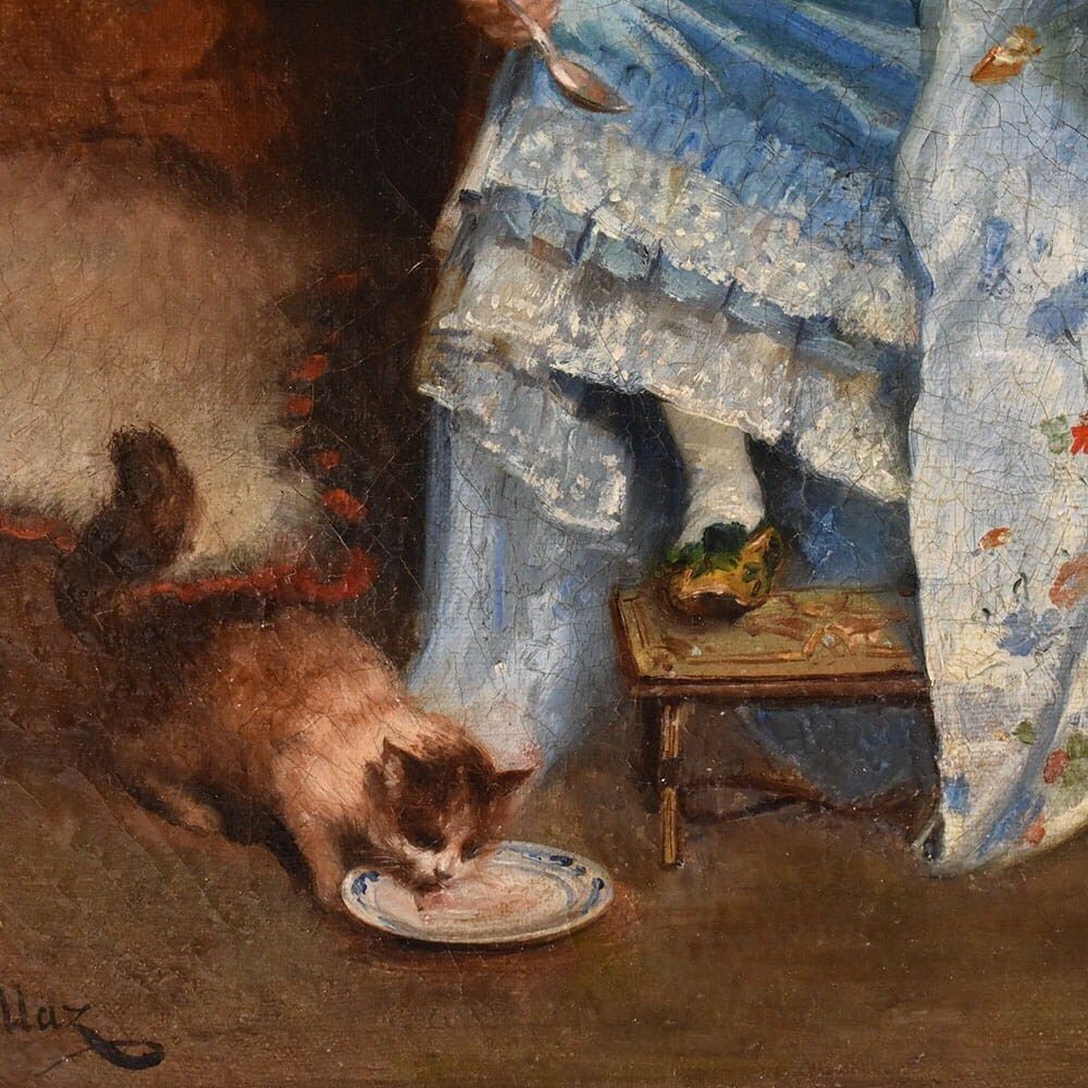 photo furniture Antique Woman Portrait Painting And Cat, Interior Scene, Oil On Canvas, XIX Century.