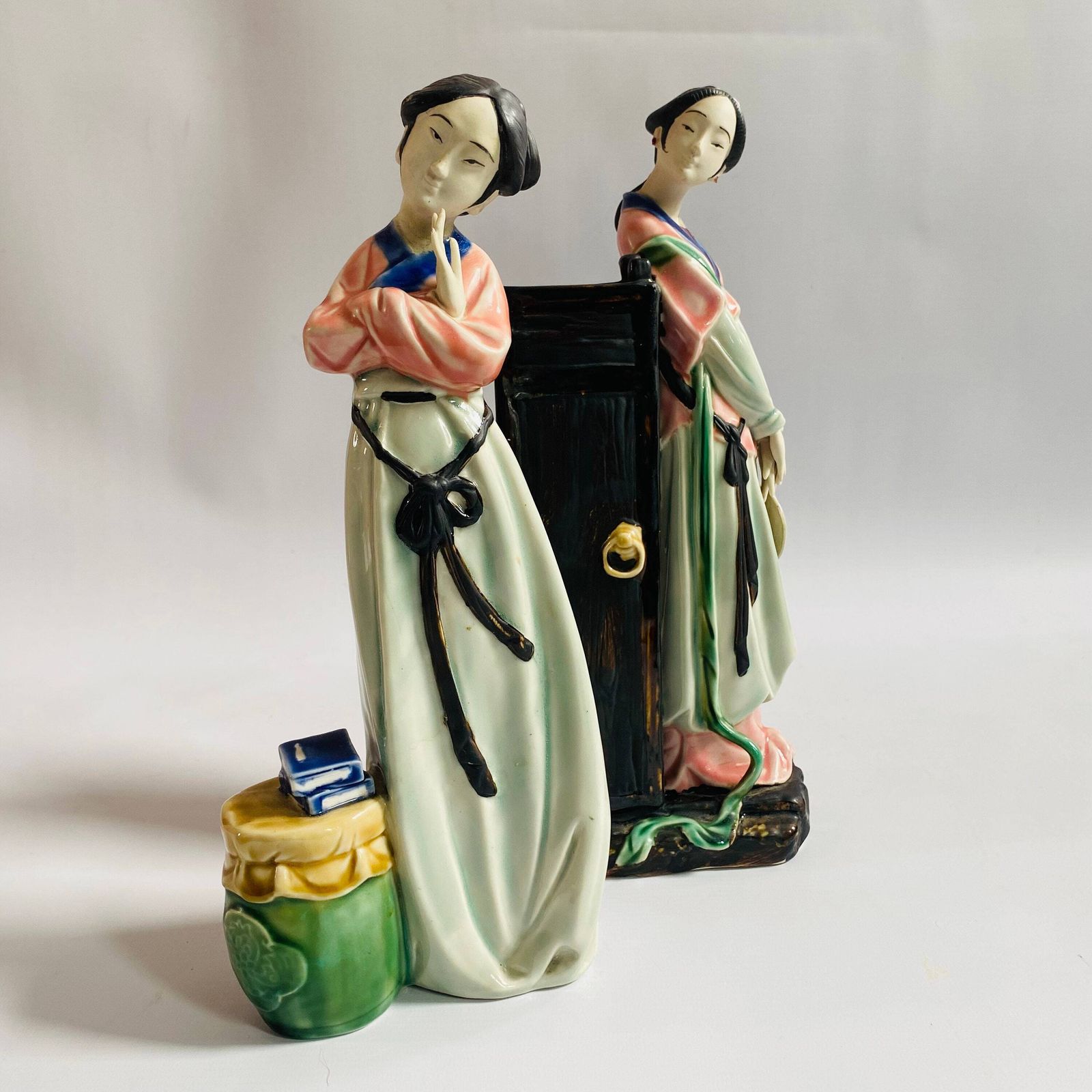 Rare Shiwan Gongzai Figurines: Mid Century Chinese Ceramic Pair/Hairline Repair photo vinterior