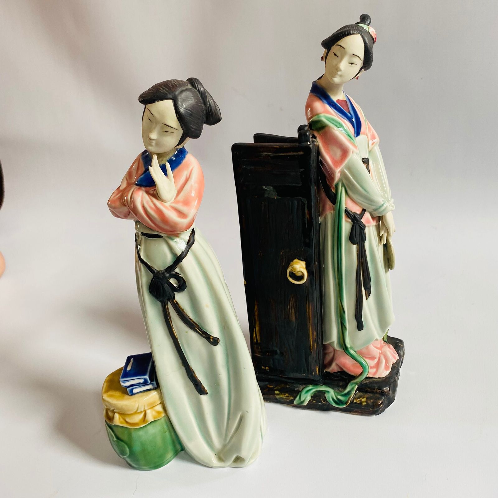 photo for sale Rare Shiwan Gongzai Figurines: Mid Century Chinese Ceramic Pair/Hairline Repair