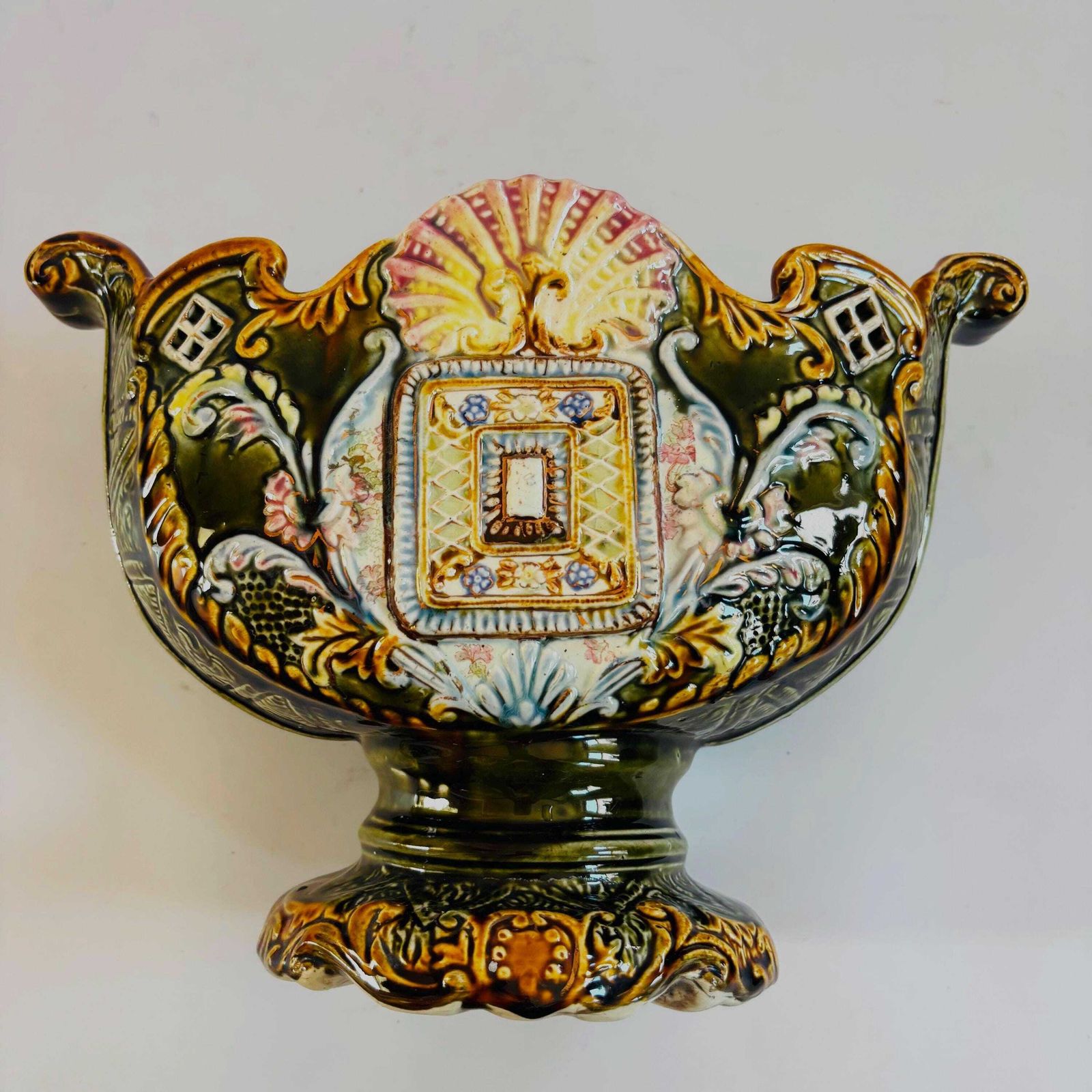 Antique Majolica Jardiniere: European Glazed Earthenware Vase, 19th Century