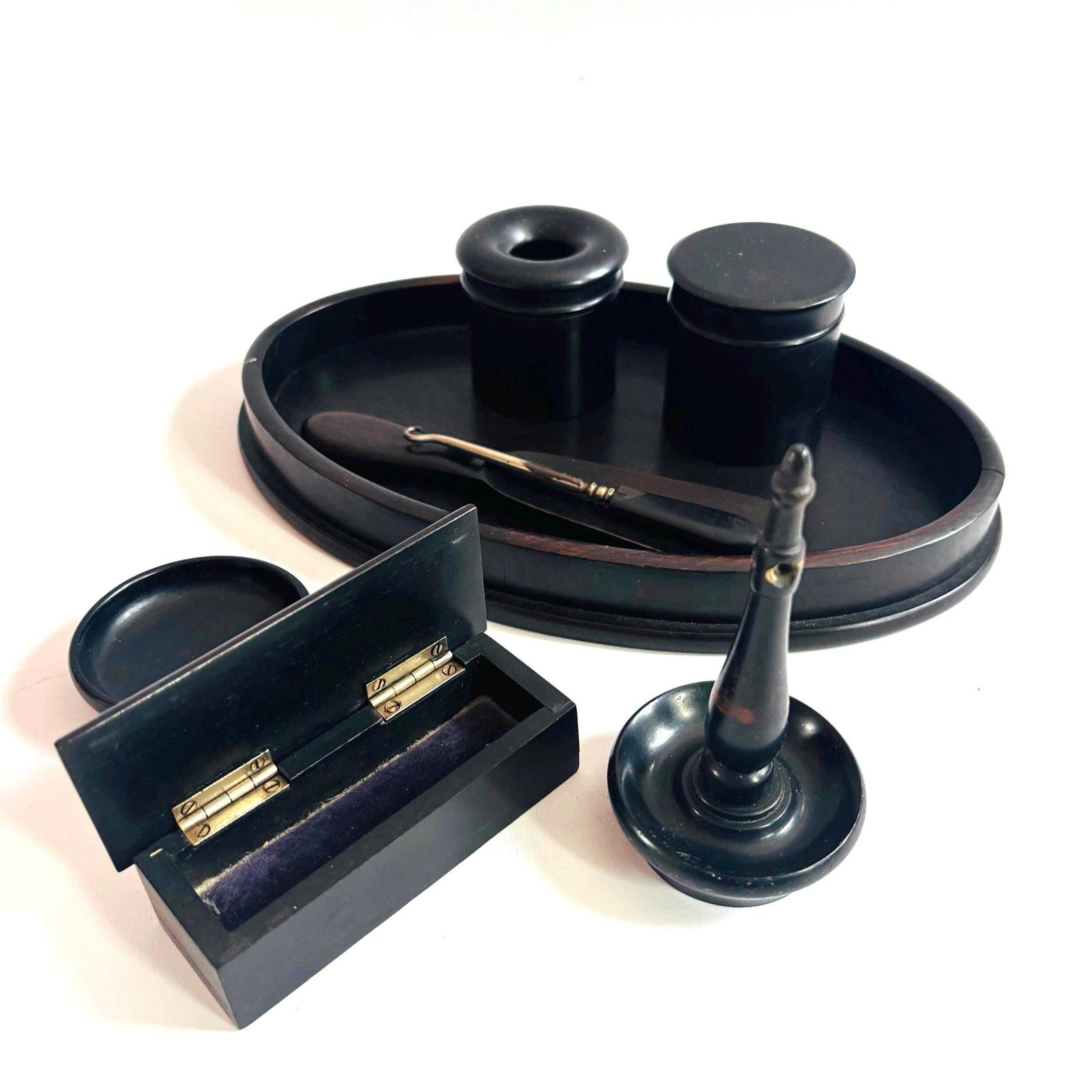 Antique Art Deco Ebony Dresser Set: Victorian Tabletop Organizer