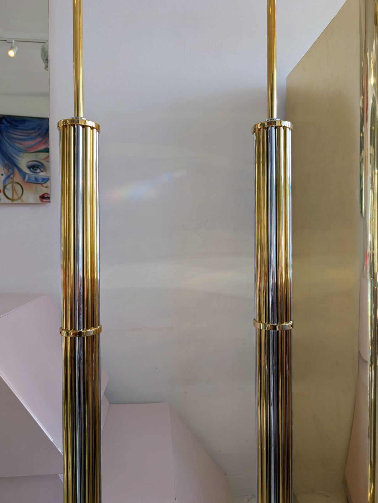 photo for sale Pair  Of Gorgeous Vintage Gold & Chrome Floor Lamps, By Baulmann, Germany 1980s. Shades Not Included