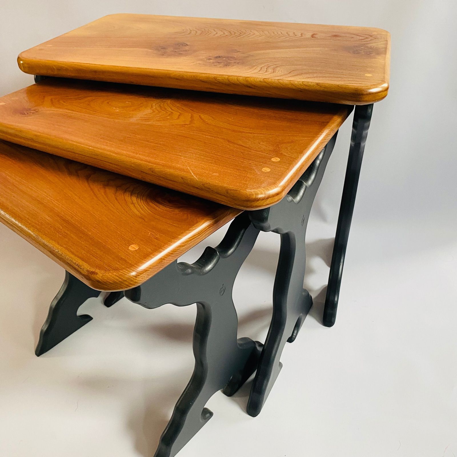 Upcycled Elm Nesting Tables: Mid Century Modern 'Acorn' Stamped Set photo furniture