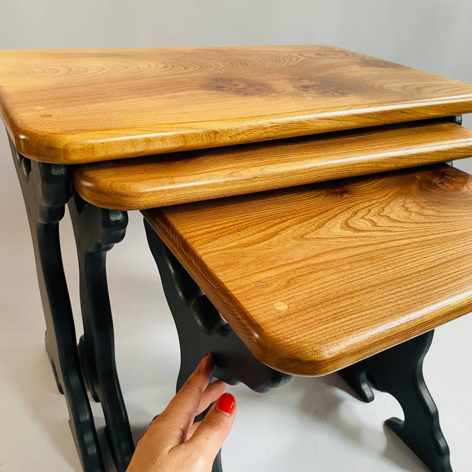Upcycled Elm Nesting Tables: Mid Century Modern 'Acorn' Stamped Set photo for sale