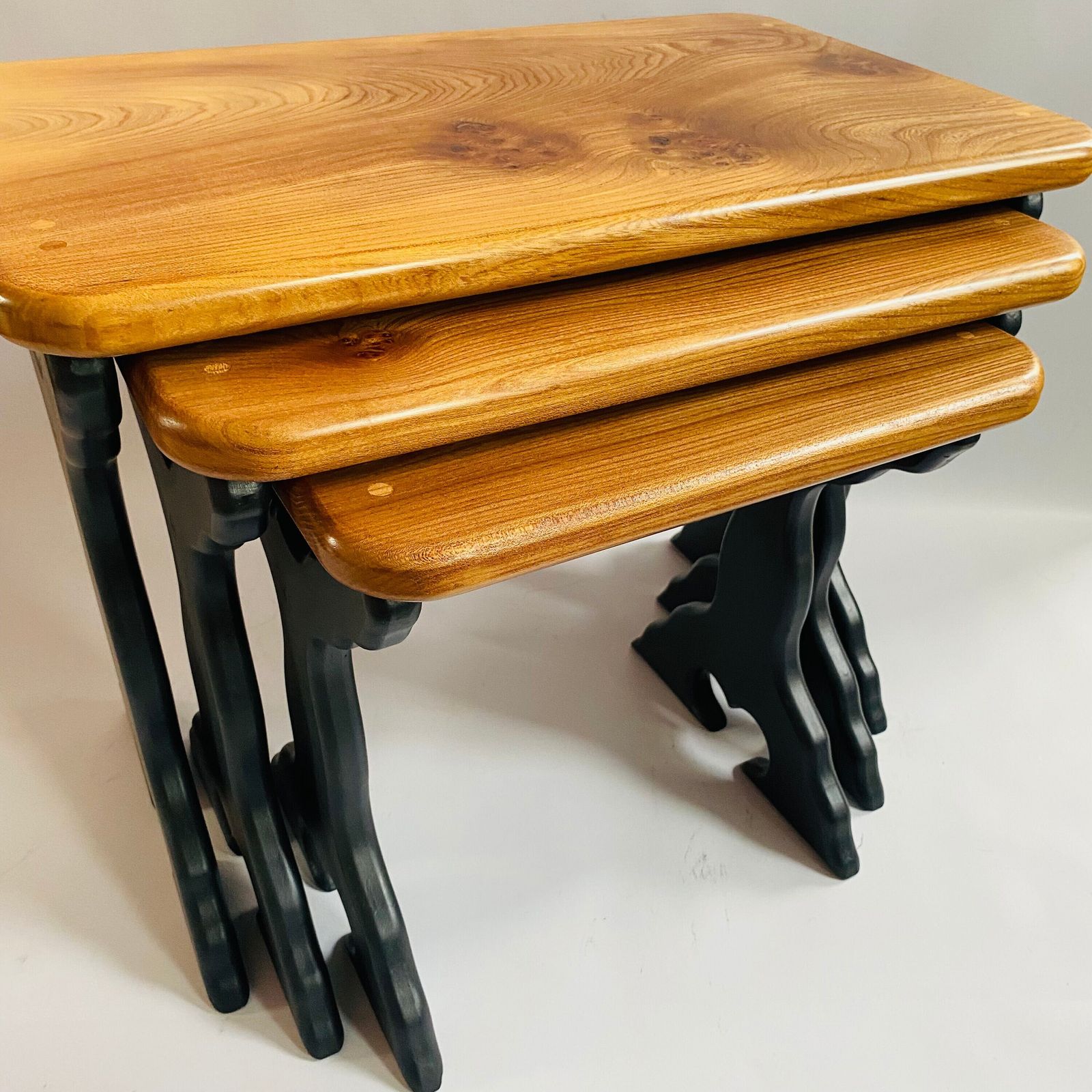 Upcycled Elm Nesting Tables: Mid Century Modern 'Acorn' Stamped Set photo buy