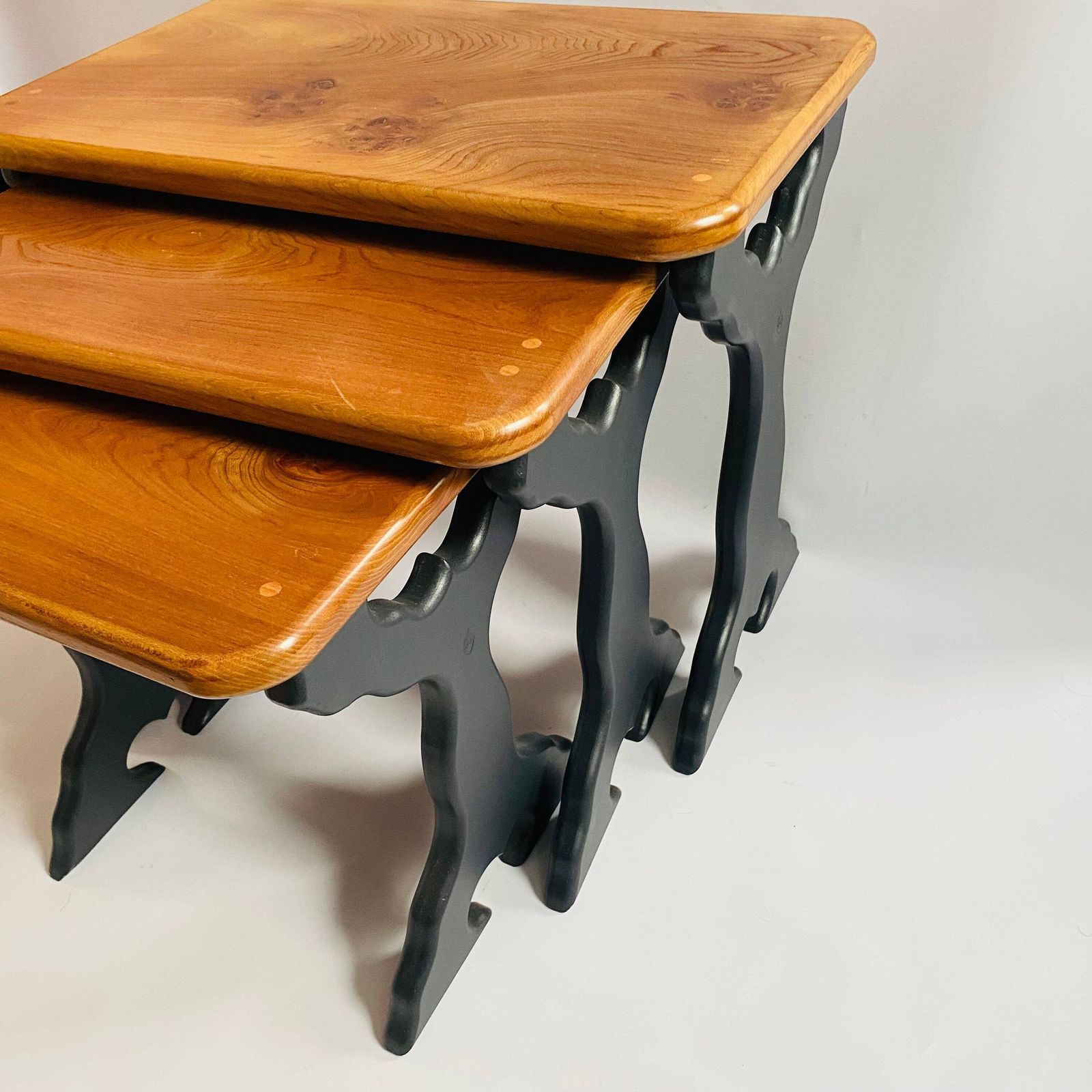 photo for sale Upcycled Elm Nesting Tables: Mid Century Modern 'Acorn' Stamped Set