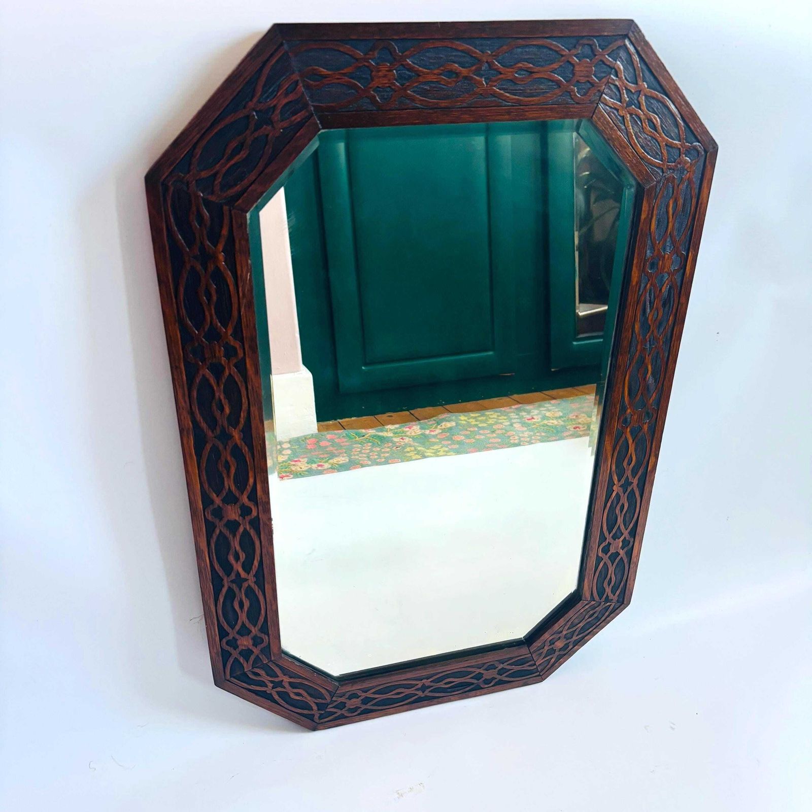 photo for sale Rare Art Nouveau Mahogany Bevelled Mirror: Hand Carved Liberty Style