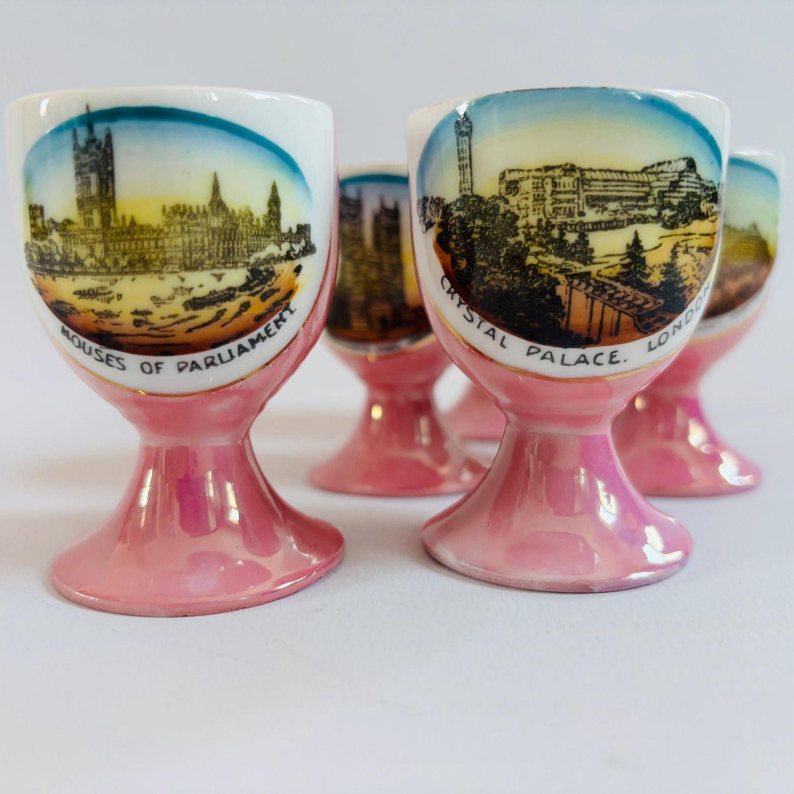 Antique Pink Lustre Porcelain Egg Cups: Victorian London Landmarks, Set Of 5 photo Home Decor