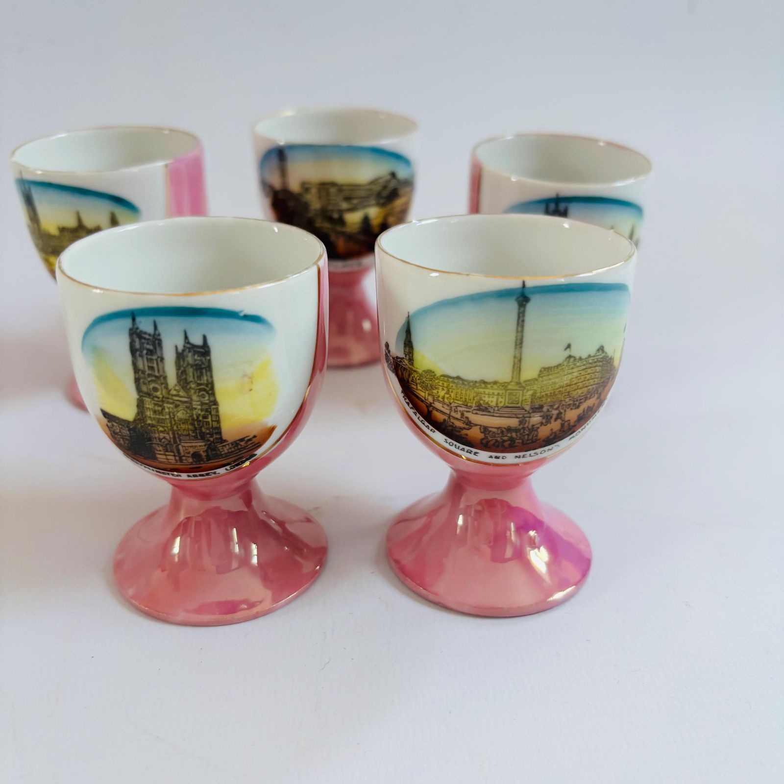 Antique Pink Lustre Porcelain Egg Cups: Victorian London Landmarks, Set Of 5 photo 65.0