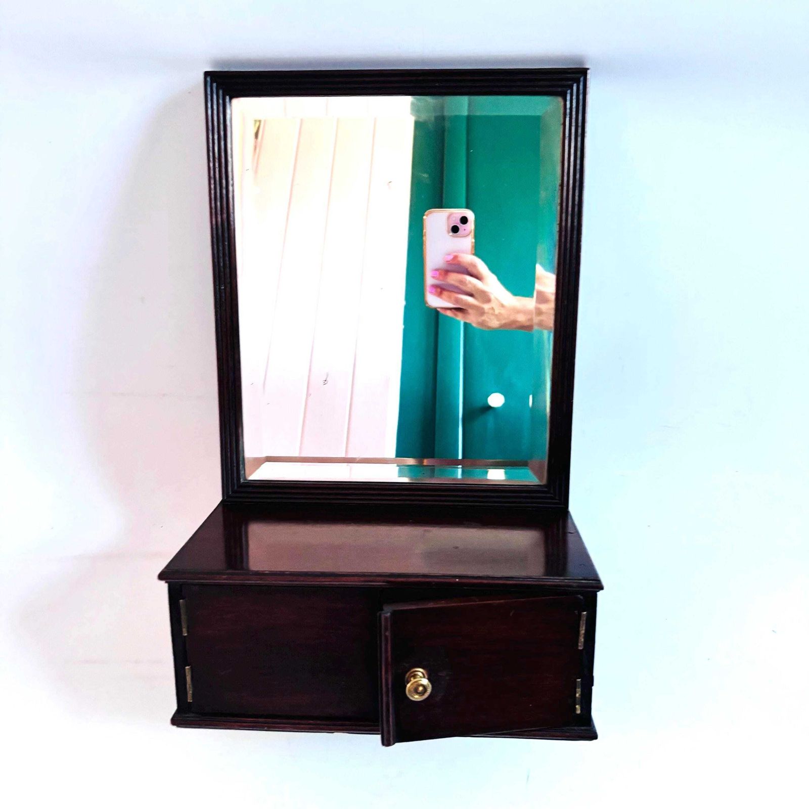 Antique Georgian Revival 1880 1910 Mahogany Bevelled Dressing Table Mirror With Cupboard   Door Ajar