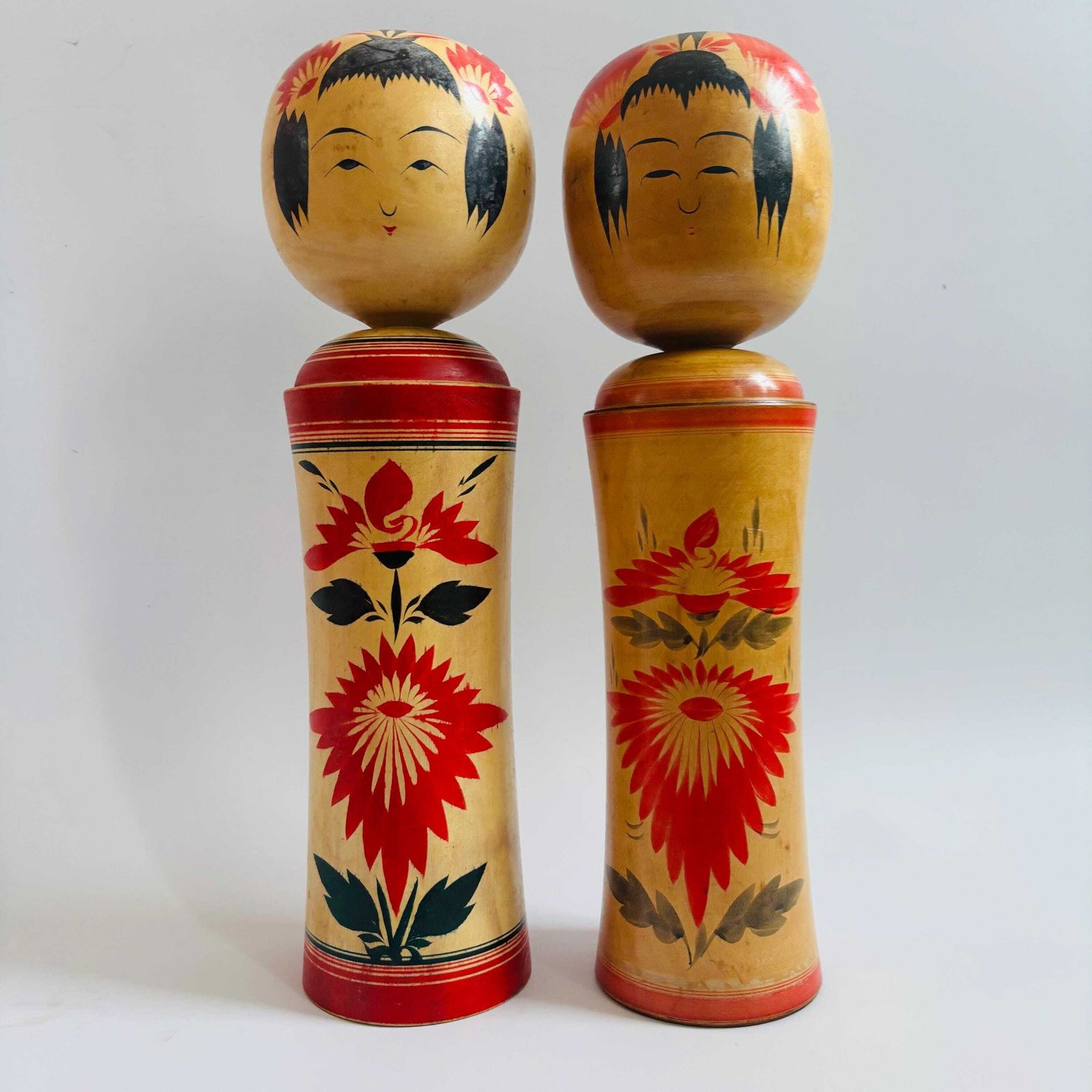 1950s Xl Vintage Kokeshi Doll Pair: Hand Painted Signed Folk Art.