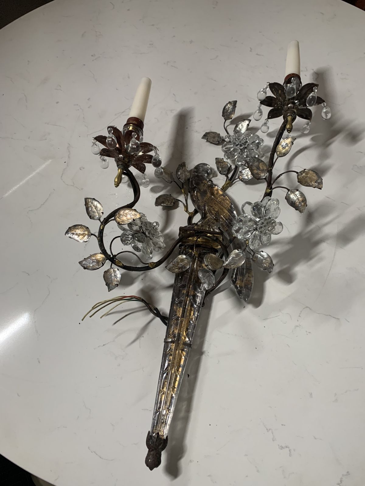 1930's French Gilded Iron   Crystal Bird Sconces In Very Good Condition
