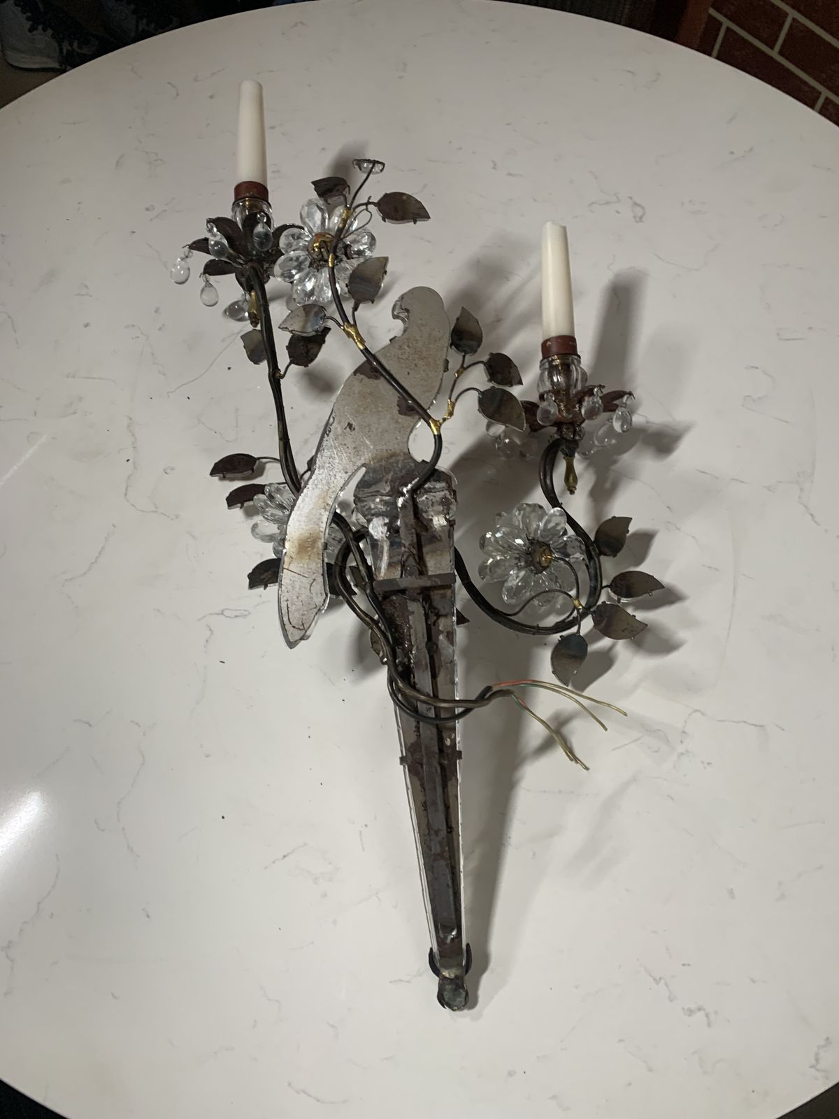 1930's French Gilded Iron   Crystal Bird Sconces In Very Good Condition photo furniture
