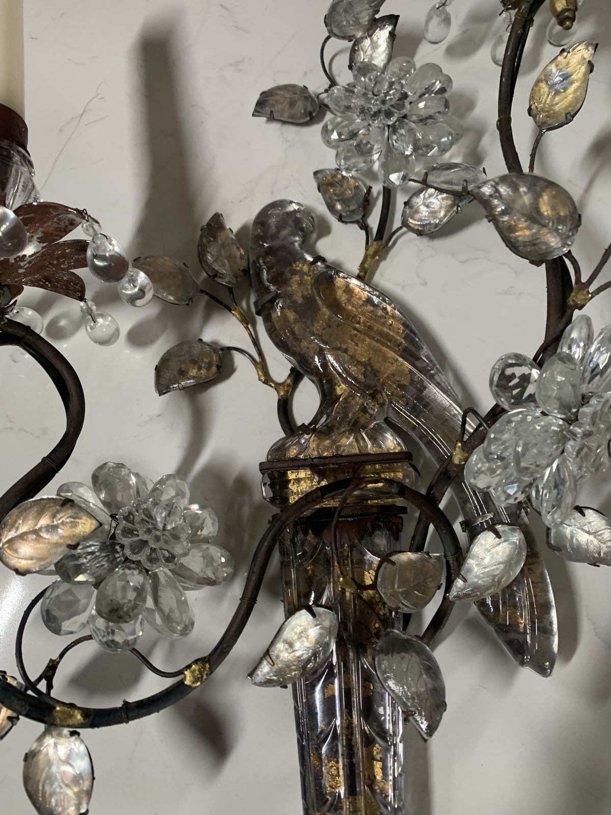 1930's French Gilded Iron   Crystal Bird Sconces In Very Good Condition photo Lighting