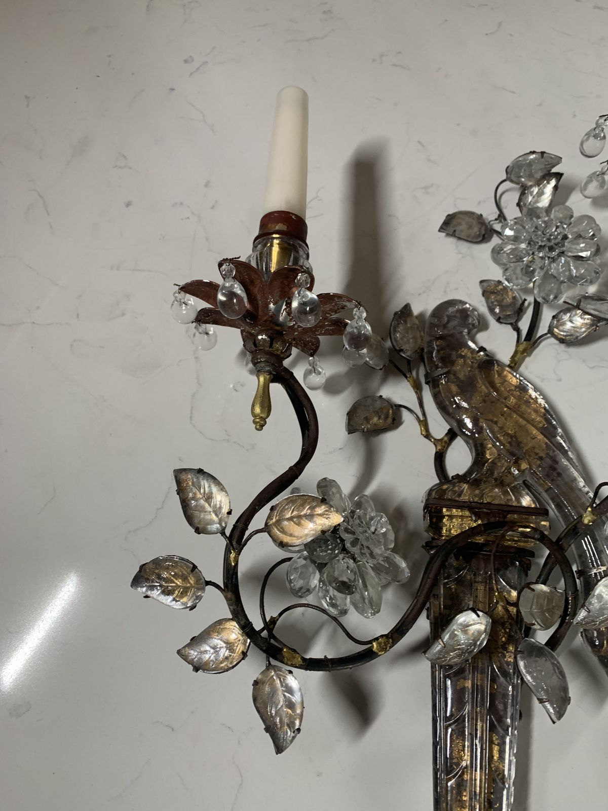 1930's French Gilded Iron   Crystal Bird Sconces In Very Good Condition photo vinterior