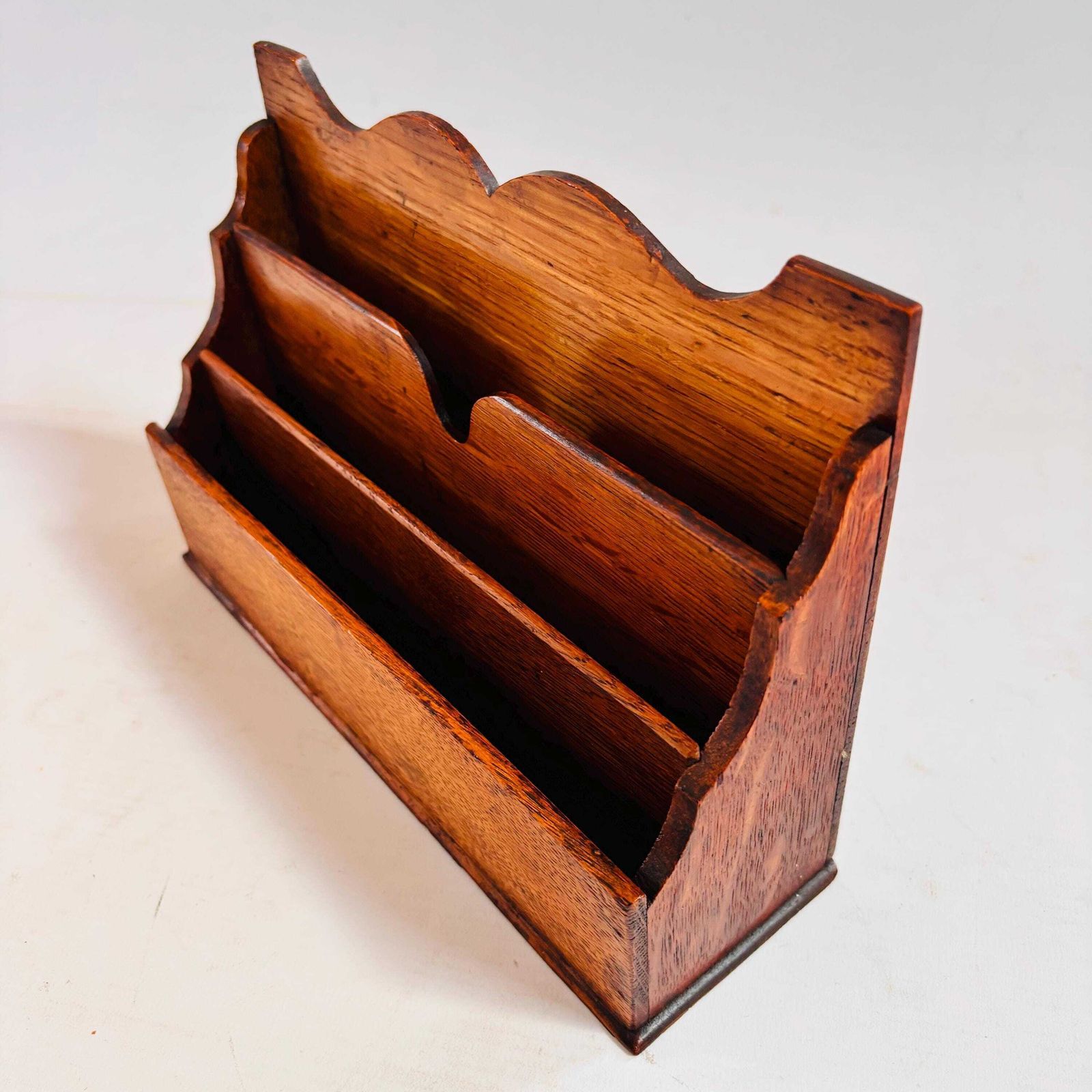 115.0 Antique Oak Letter Rack | Small Edwardian Desk Organiser | Solid Oak Mail Holder photo
