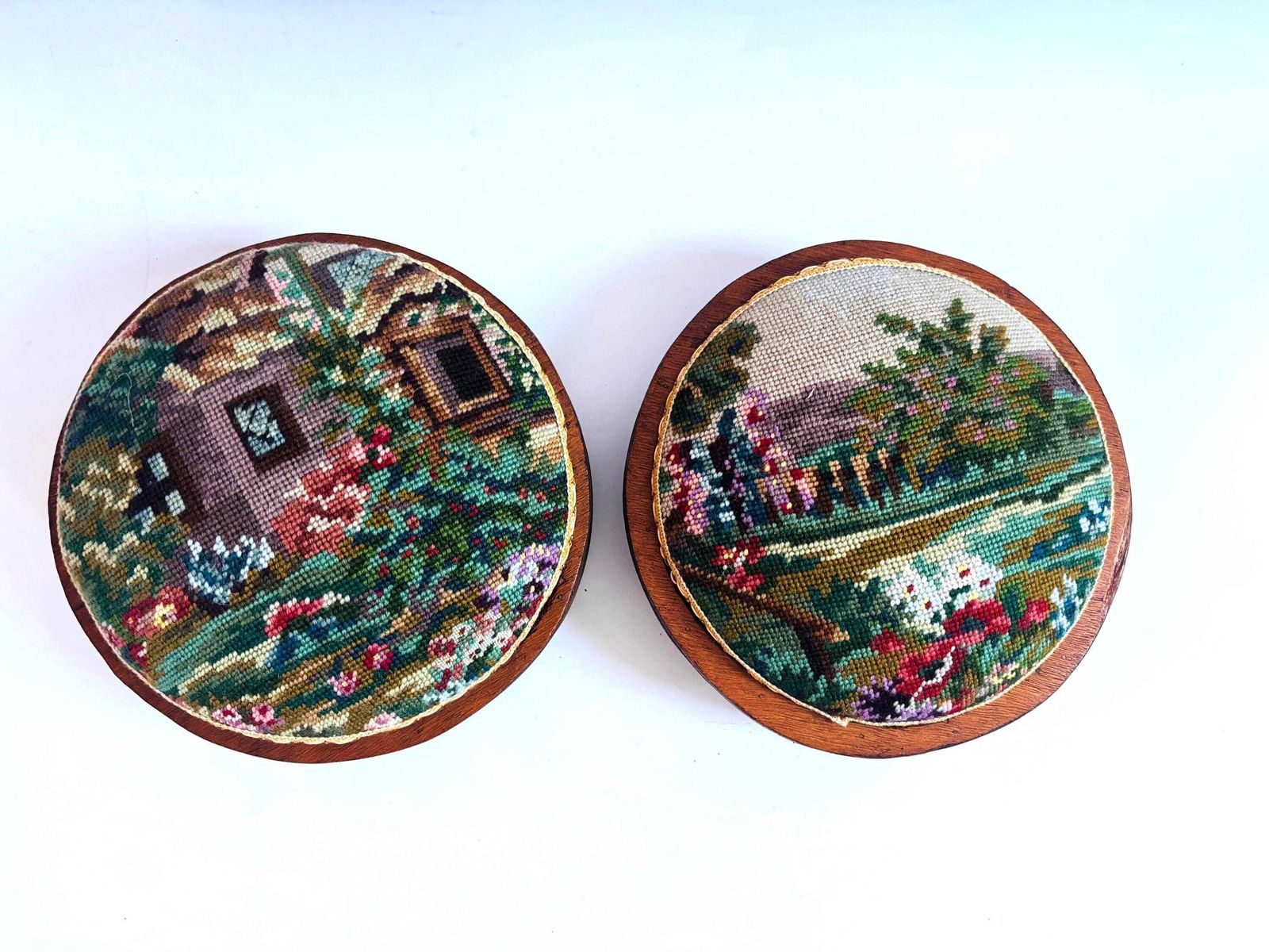 Pair Of Tapestry Needlepoint Victorian Foot Stools /Meditation Antique photo furniture