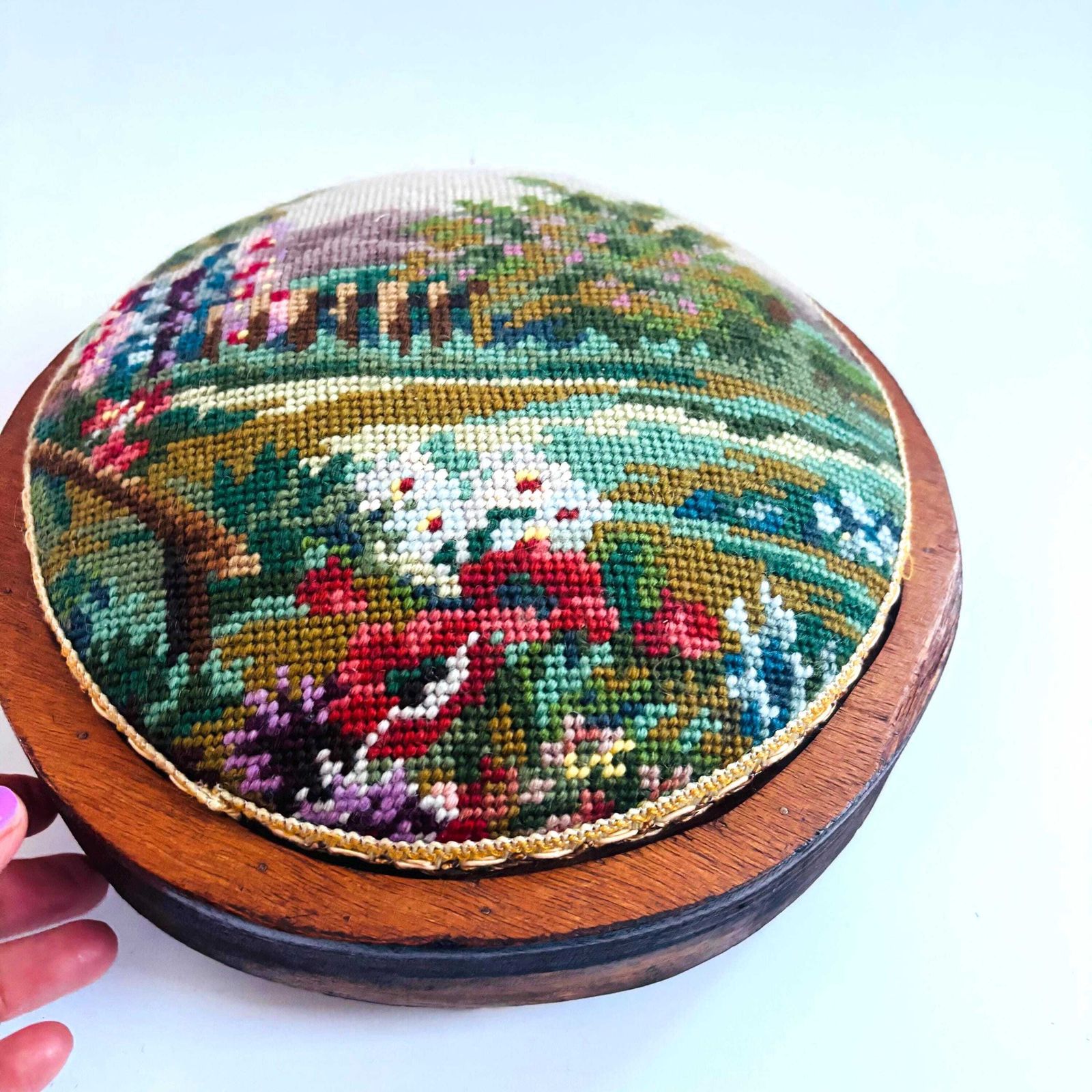 photo vintage Pair Of Tapestry Needlepoint Victorian Foot Stools /Meditation Antique