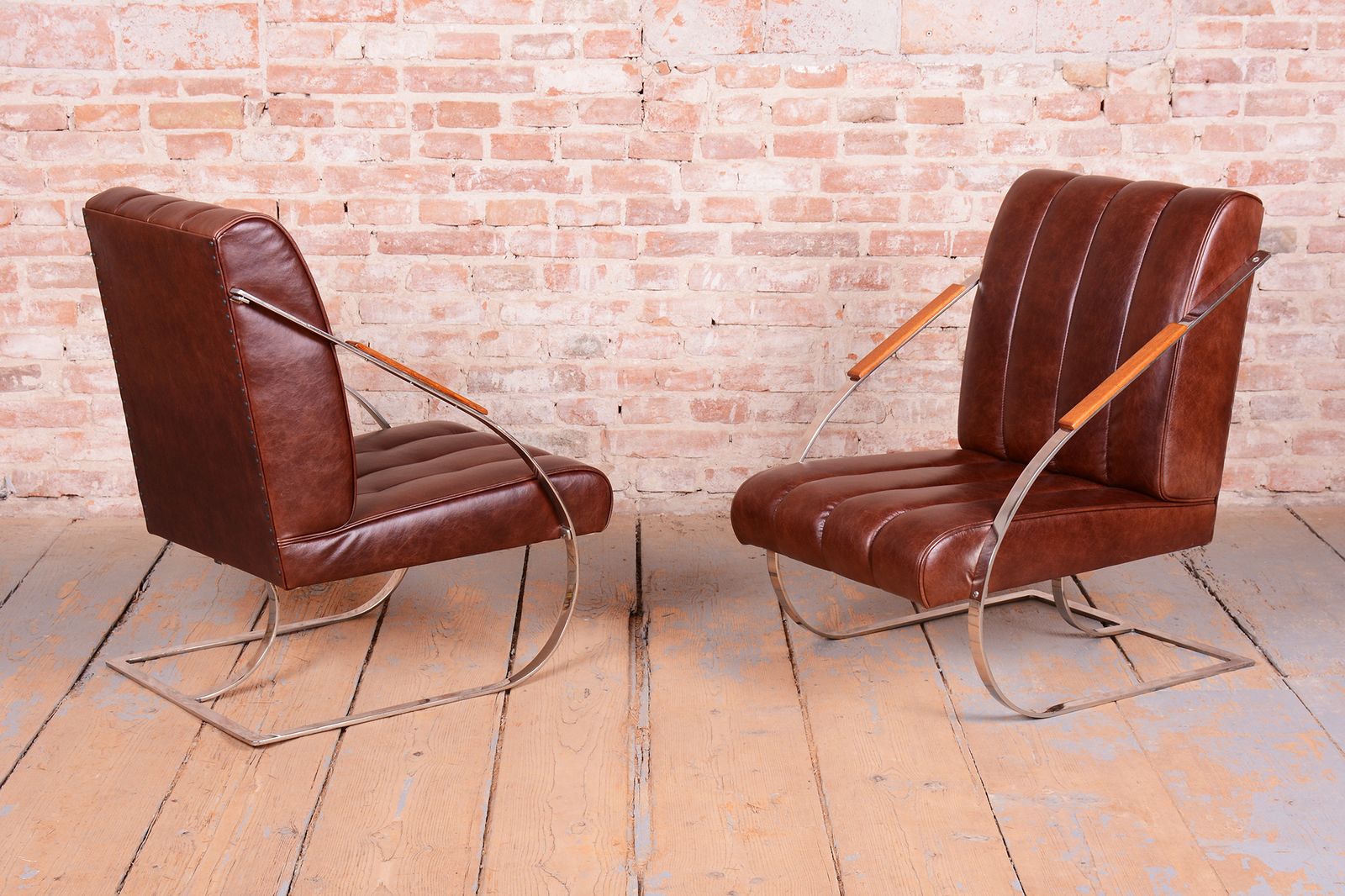 Pair Of Restored Bauhaus Armchairs, Leather, Nickel, Steel, Oak, Czech, 1920s photo Furniture