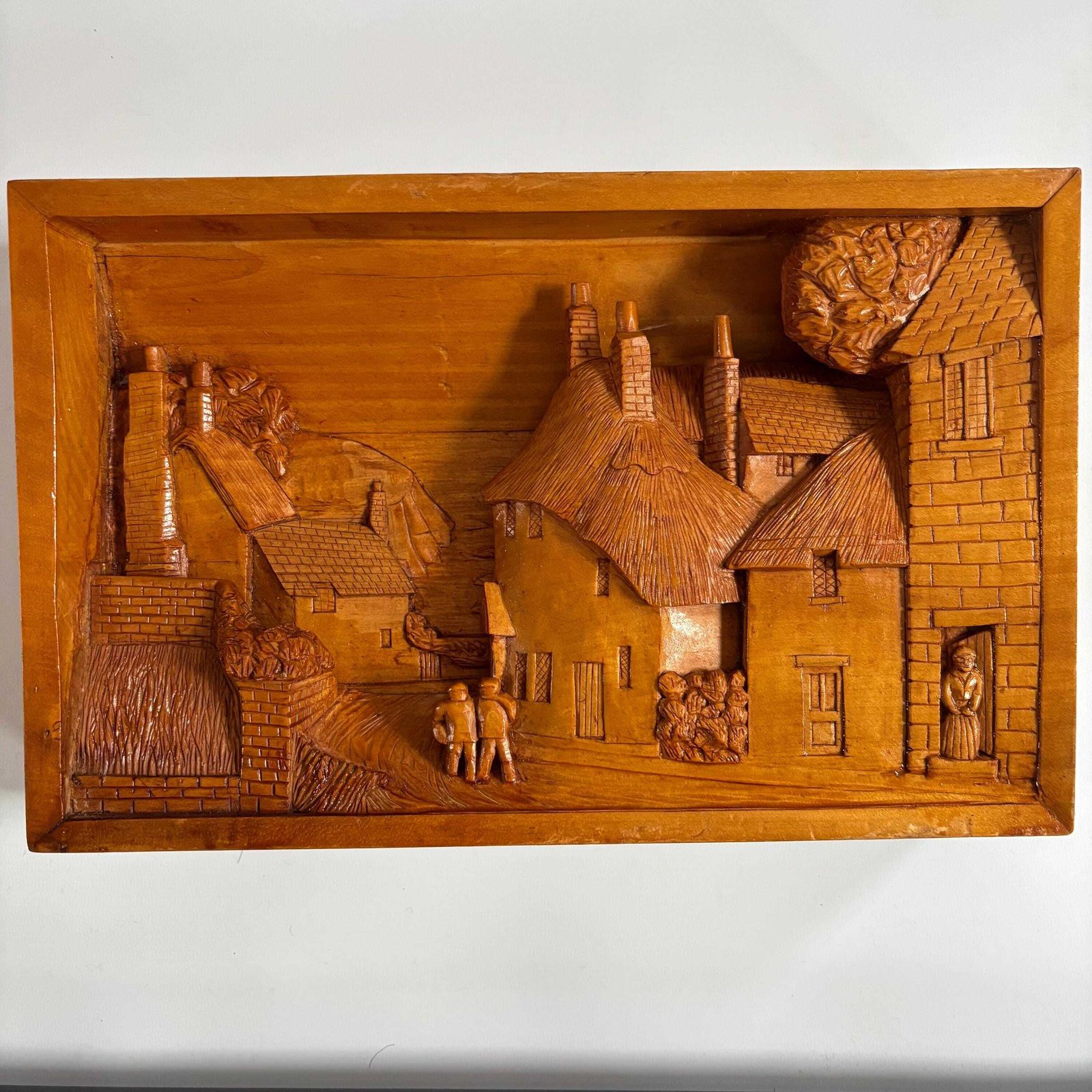 Antique Hand Carved Cherry Wood Village Relief: Medieval Folk Art photo 219.0