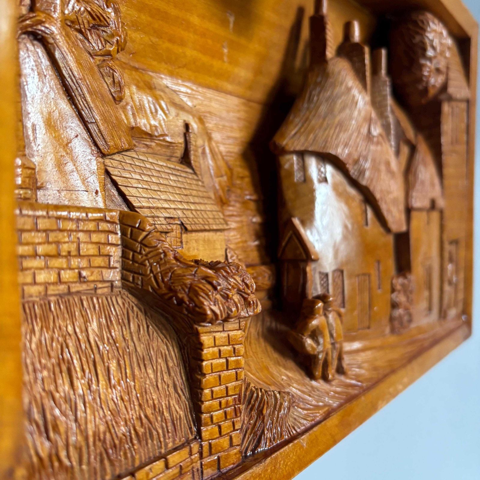 Antique Hand Carved Cherry Wood Village Relief: Medieval Folk Art photo vintage