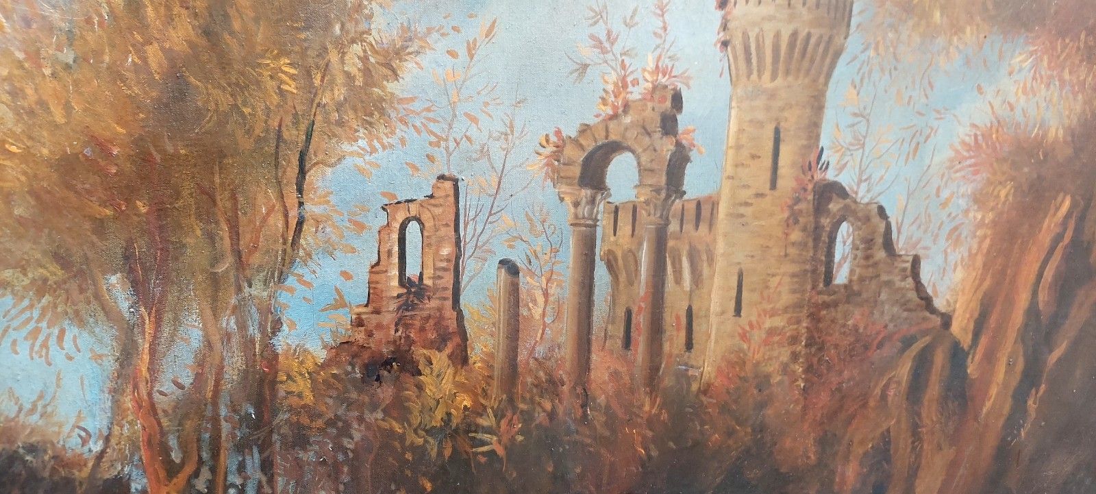 Antico Dipinto Olio Tela  Paesaggio Con Ruderi E Personaggi 121x98  Cm photo 303.0