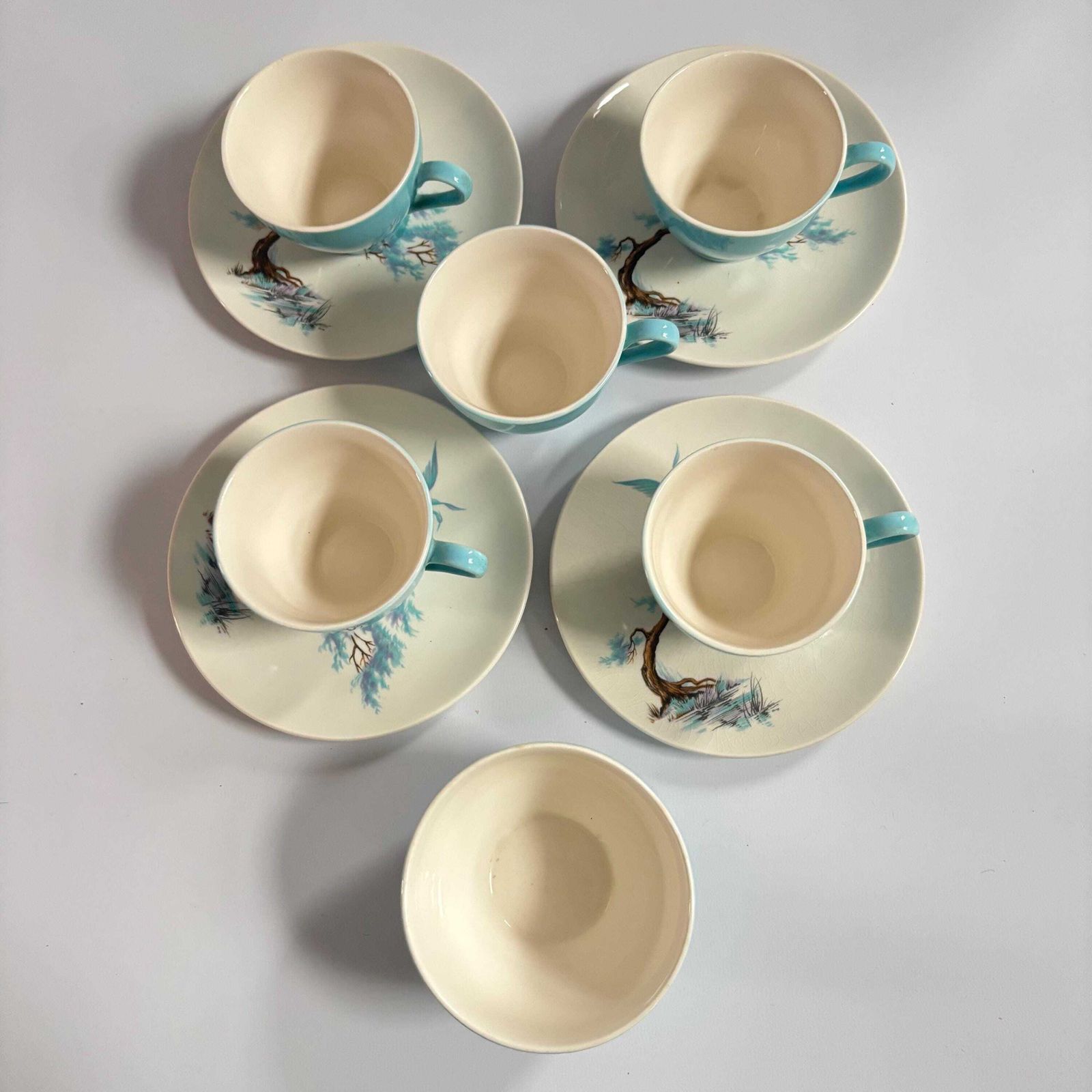 photo furniture Vintage J&G Meakin Tea Cup Set: Crane And Blossom Design, Blue Heritage Pottery.