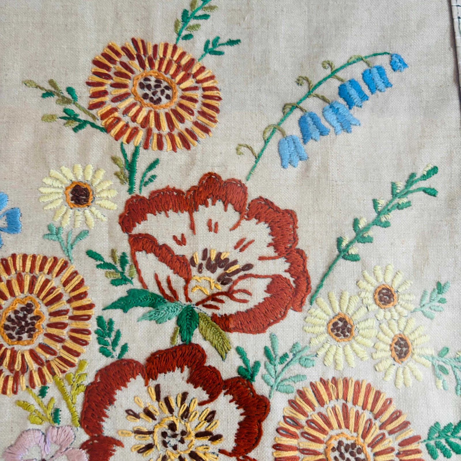 photo furniture 1950s Floral Hand Embroidery: Mid Century Linen Art In Metal Frame.