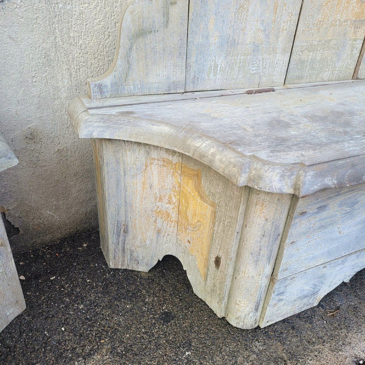 photo furniture Rare Set Of 4 Painted Wooden Castle Entrance Benches/Chests, 19th Century