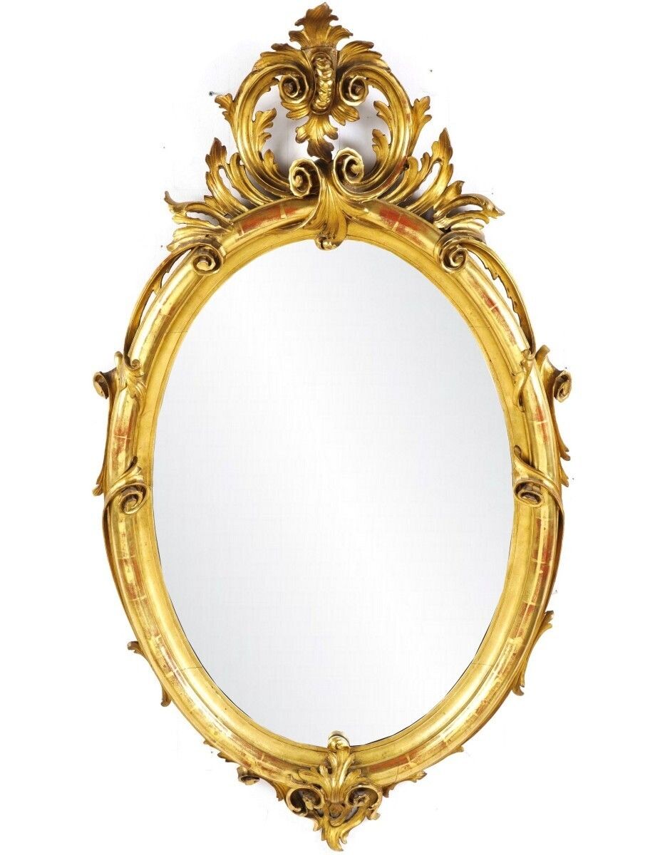 Large Oval Mirror In Carved Gilt Wood, 19th Century