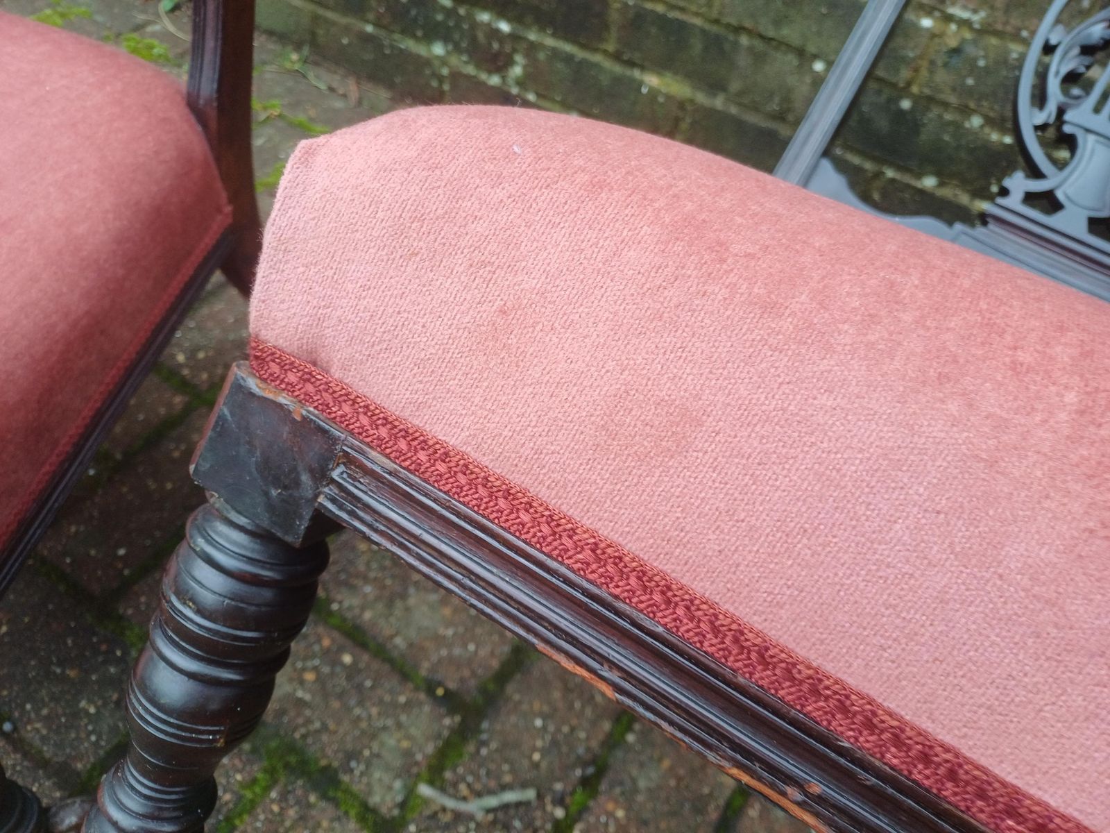Pair Victorian Mahogany Occasional Chairs Ebonised Finish Carved Fretwork Backs Turned Legs Porcelain Castors Pink Seats photo for sale