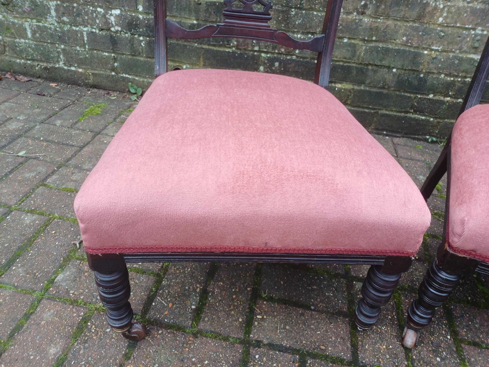 photo buy Pair Victorian Mahogany Occasional Chairs Ebonised Finish Carved Fretwork Backs Turned Legs Porcelain Castors Pink Seats