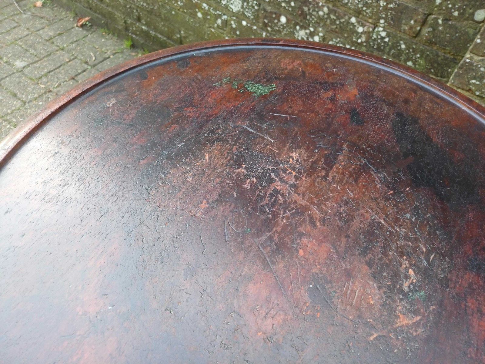photo vintage Victorian Mahogany Wine Table Side Table Antique Occasional Lamp Table Tripod Base Turned Column Sturdy Top Deep Patina