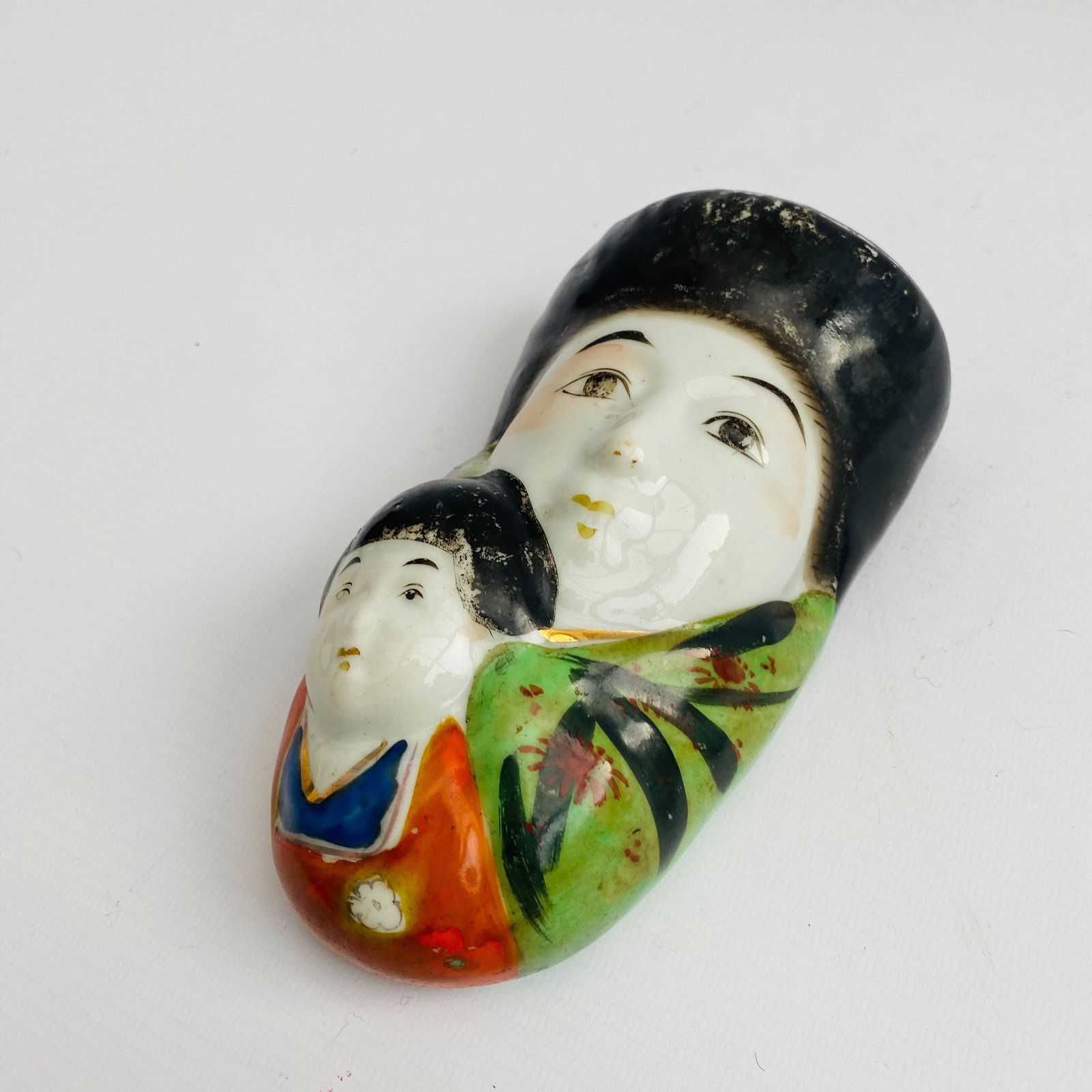 Mid Century Japanese Porcelain Wall Vase: Hand Painted Geisha, Parent And Child photo Art