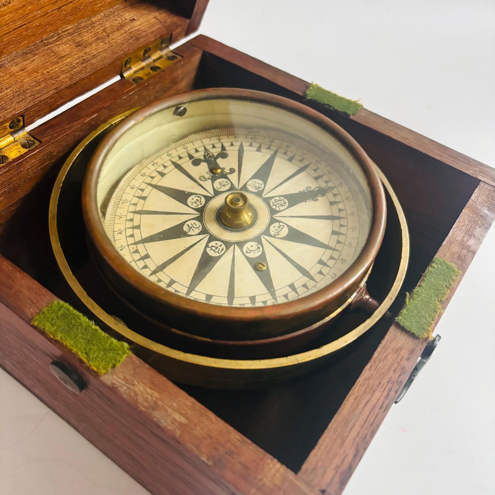 Antique Ottoman Qibla Compass | 19th Century Islamic Direction Finder In Oak Case/Glass Crack photo furniture
