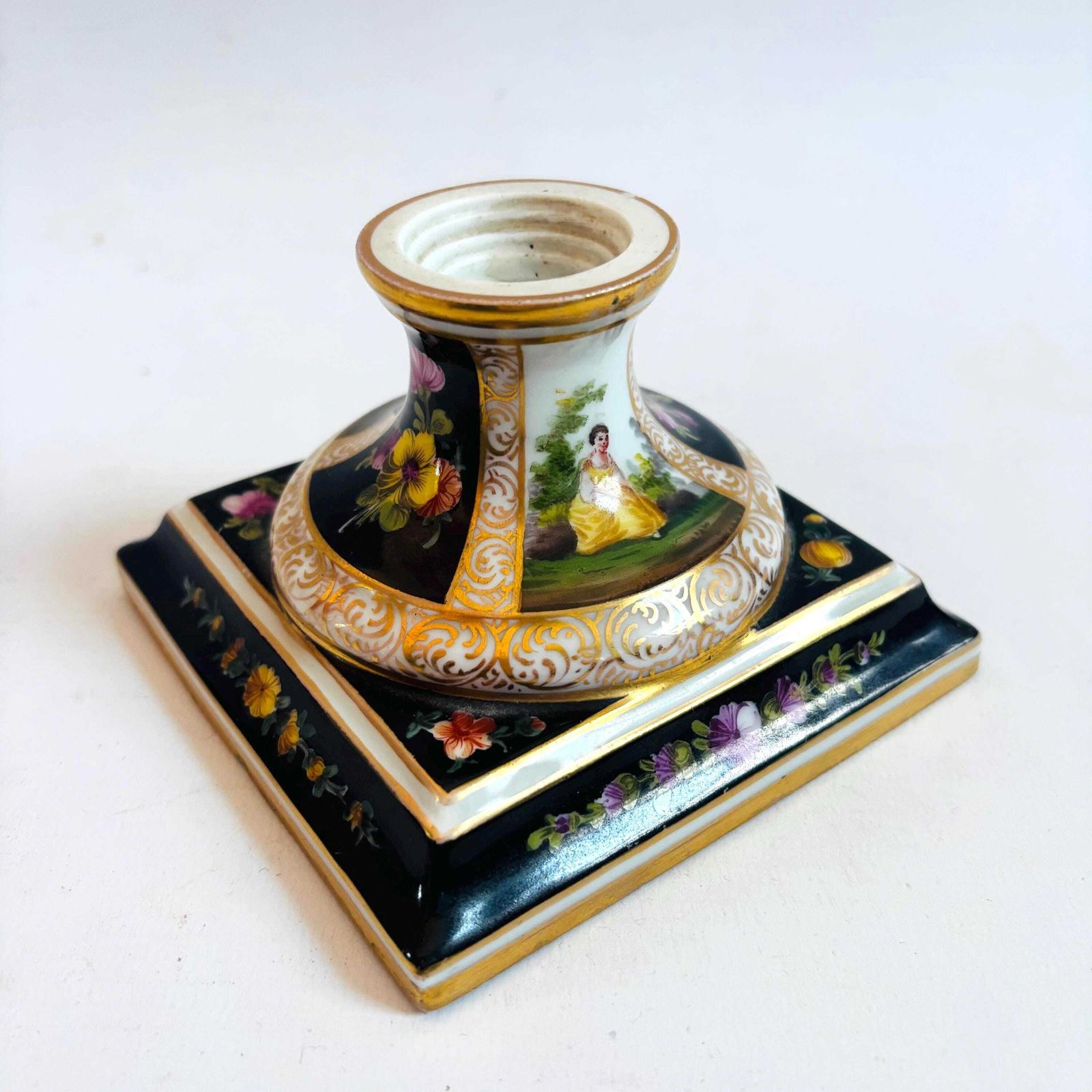 Antique German Porcelain Candlestick | Hand Painted Musician & Pastoral Scene | Gilt Black Desk Ornament C.1900 Some Wear photo furniture