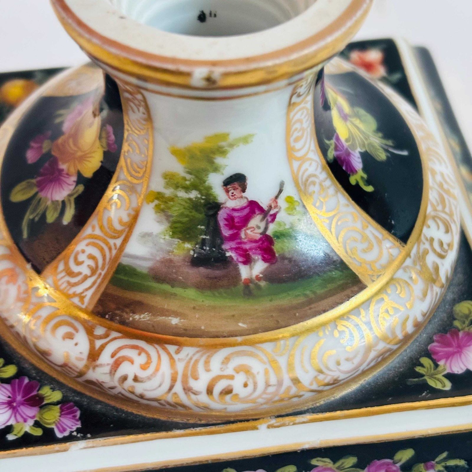 Antique German Porcelain Candlestick | Hand Painted Musician & Pastoral Scene | Gilt Black Desk Ornament C.1900 Some Wear photo Home Decor
