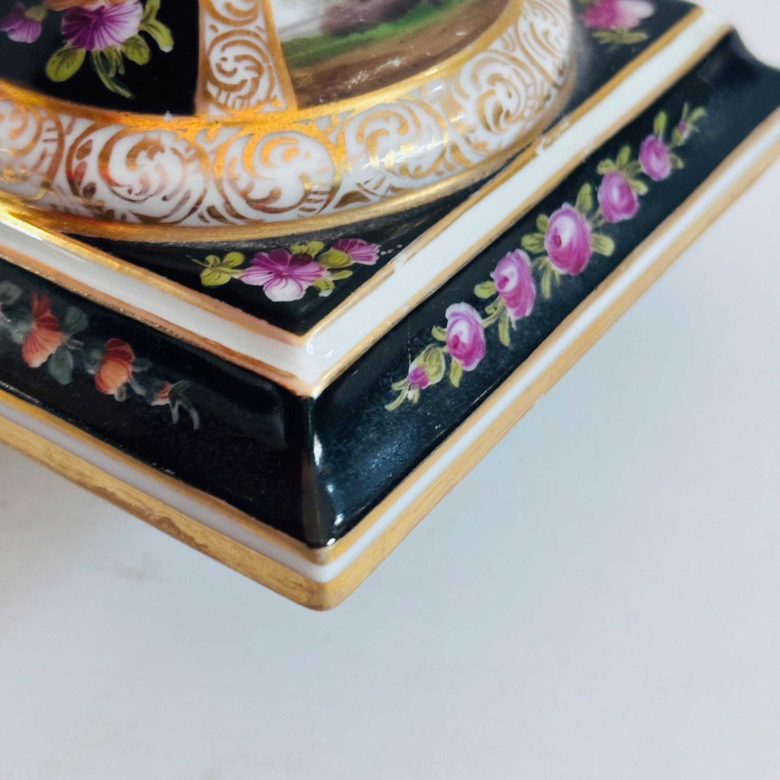 Antique German Porcelain Candlestick | Hand Painted Musician & Pastoral Scene | Gilt Black Desk Ornament C.1900 Some Wear photo 82.0