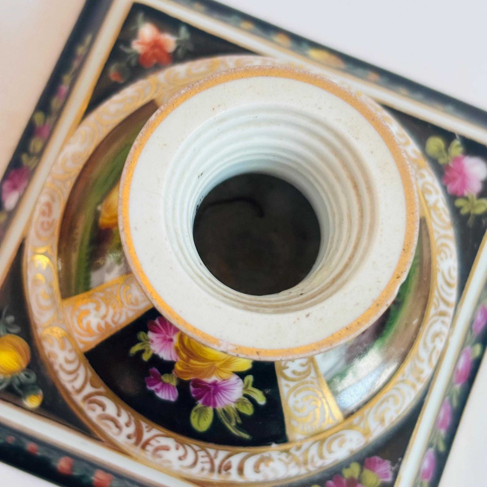 Home Decor Antique German Porcelain Candlestick | Hand Painted Musician & Pastoral Scene | Gilt Black Desk Ornament C.1900 Some Wear photo